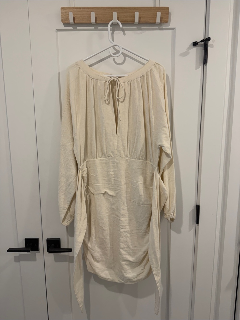 Free People Cream Long Sleeve Boho Tie-Neck Dress